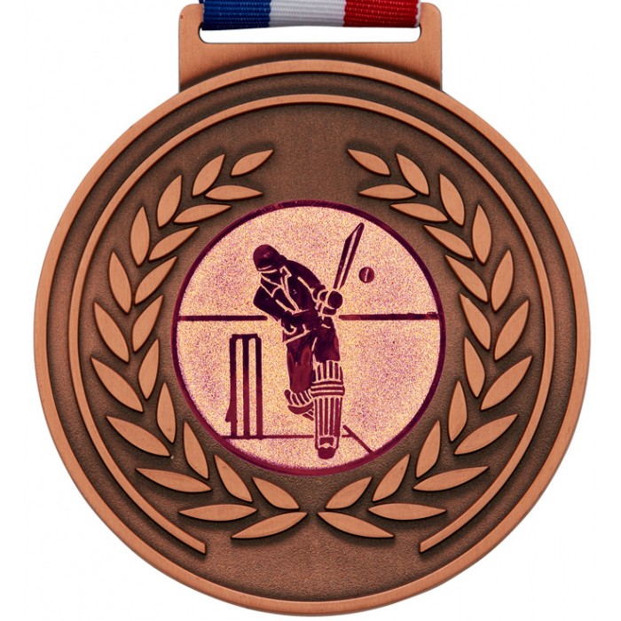 BRONZE THICK OLYMPIC CRICKET MEDAL & RIBBON - 100MM X 6MM 